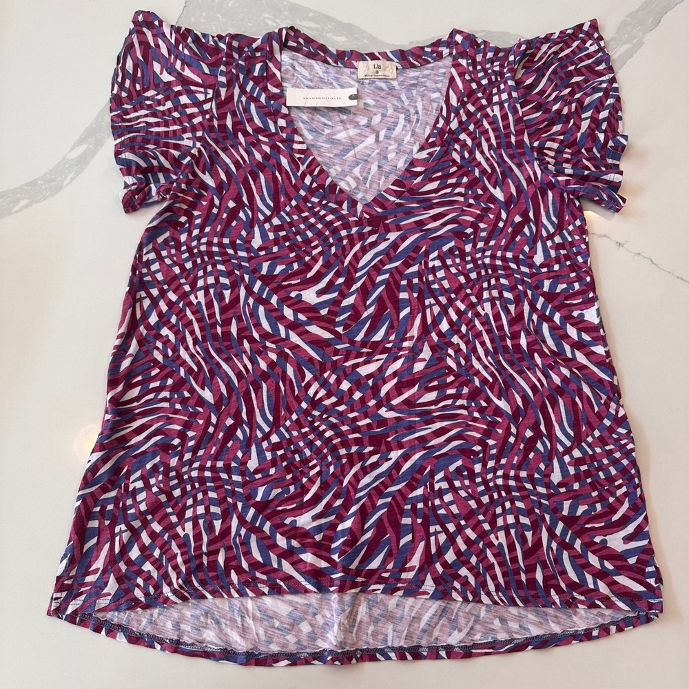 Anthropologie t.la V-Neck Tee Purple Blue Abstract Wave Print Flutter Sleeve S